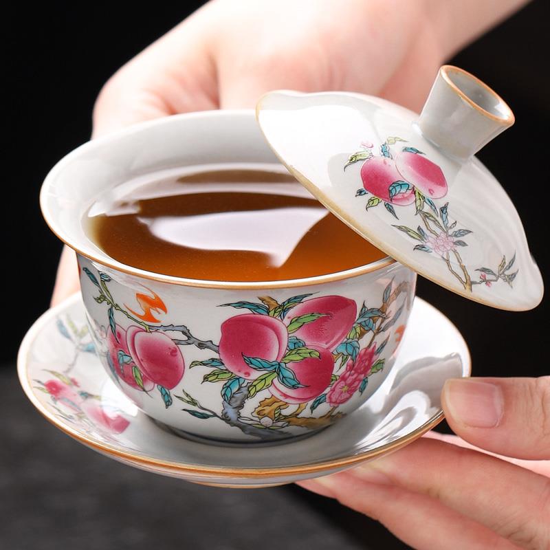仿古悬停三才盖碗旋转泡茶碗单个高档陶瓷九桃不烫手茶杯功夫茶具