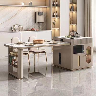 岩板岛台餐桌一体现代简约家用厨房多功能带电磁炉冰箱可伸缩岛台