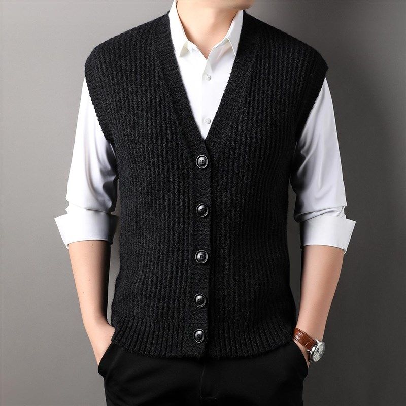 粗毛线针织开衫马甲男 秋冬季青年V领提花背心休闲百搭毛衣马夹潮