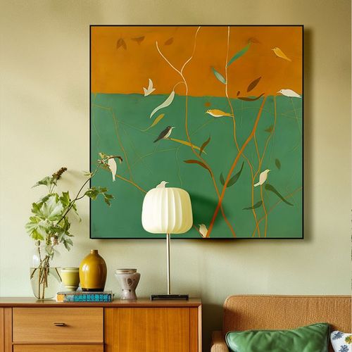 简美式入户玄关画装饰画绿色花鸟卧室床头壁画法式小众艺术挂画