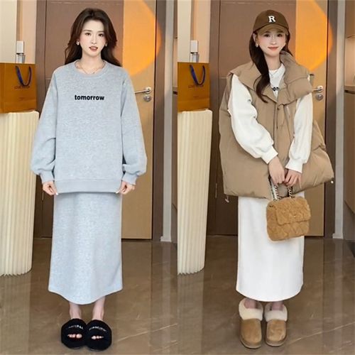 孕妇秋冬套装棉衣马甲圆领长袖厚棉T托腹半身裙2023新款时尚百搭