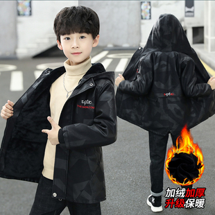 加绒加厚中长款 韩版 男童皮夹克迷彩儿童皮衣外套潮 新款 2023秋冬装