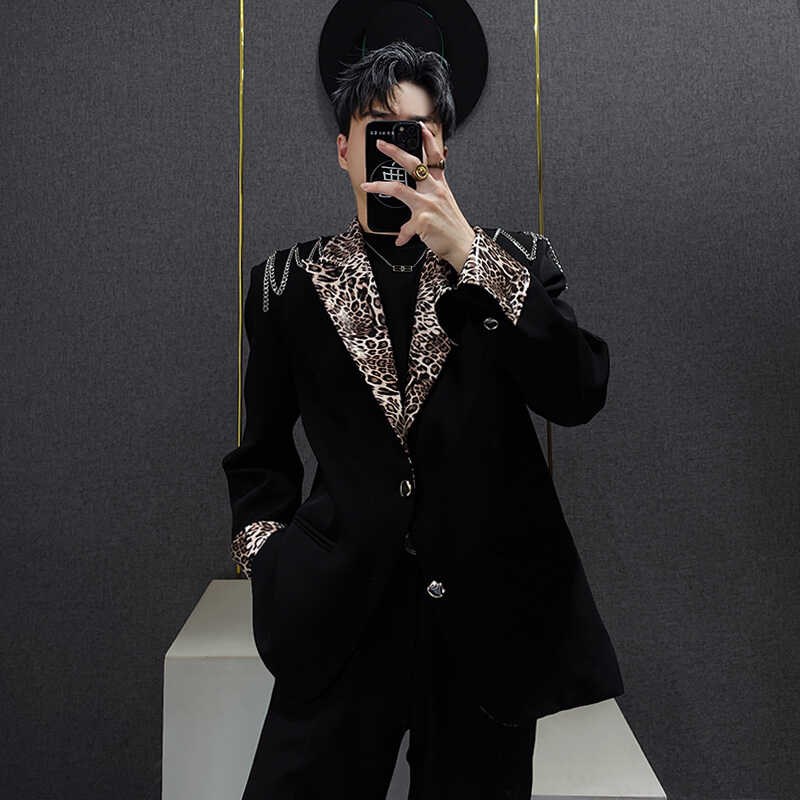 小众设计感豹纹拼接西装外套男宽松休闲复古高级感垫肩链条西服潮