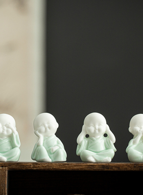 创意可爱迷你四不小和尚人物摆件青瓷小沙弥园艺造景装饰品小摆设