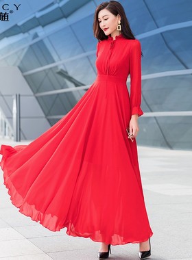 夏季红色雪纺长袖连m衣裙女2021新款显瘦收腰显瘦薄款过膝沙滩长