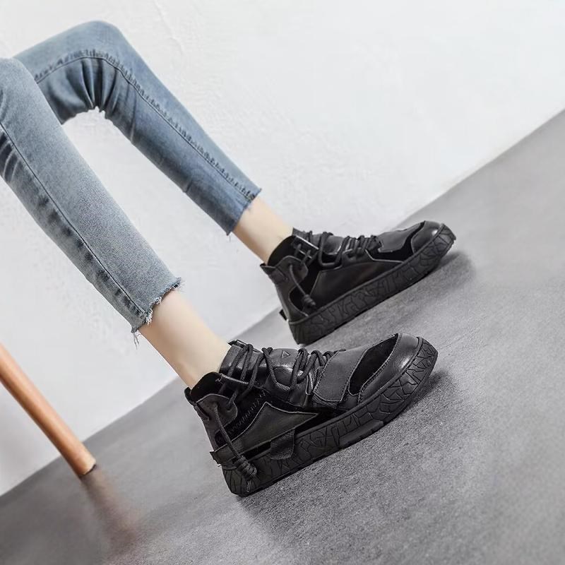 爆款黑色高帮鞋女款真皮休闲板鞋2A025新款秋冬季加绒大头丑萌女