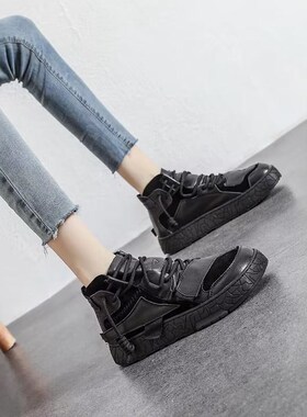 爆款黑色高帮鞋女款真皮休闲板鞋2A025新款秋冬季加绒大头丑萌女