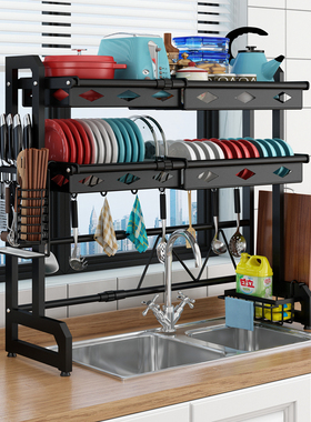 黑色伸缩水槽置物架上方碗架沥水架水池放碗盘水龙头放碗碟收纳架