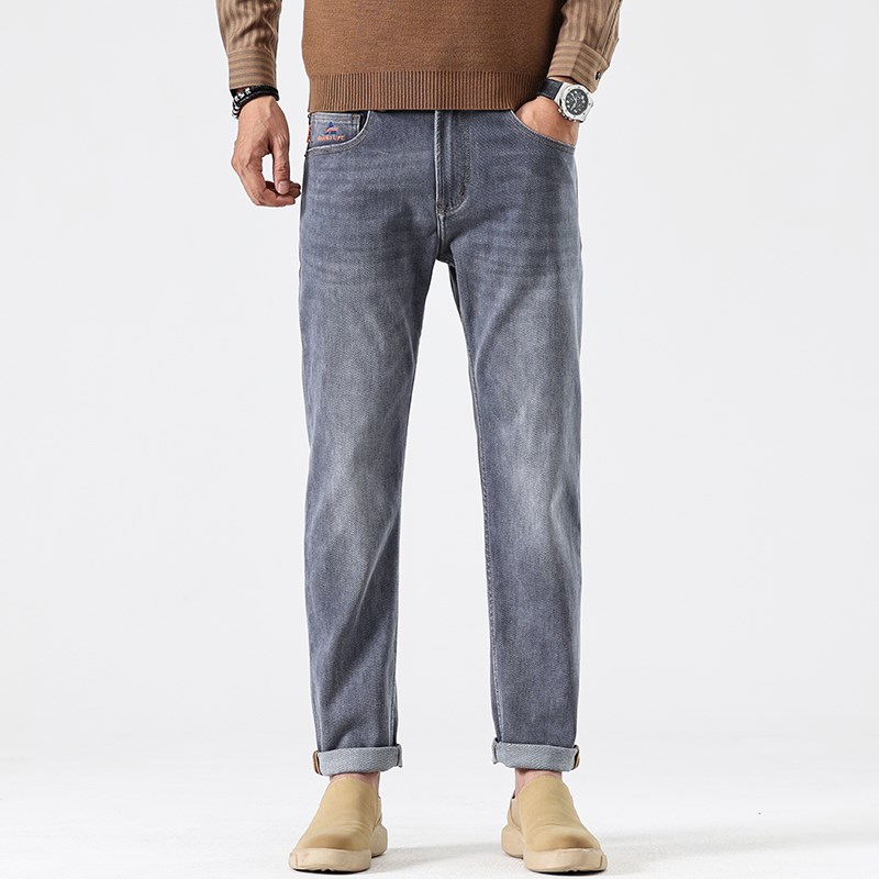 美式直筒牛仔裤男款春秋2025新款灰色休闲百搭弹力修身九分小脚裤
