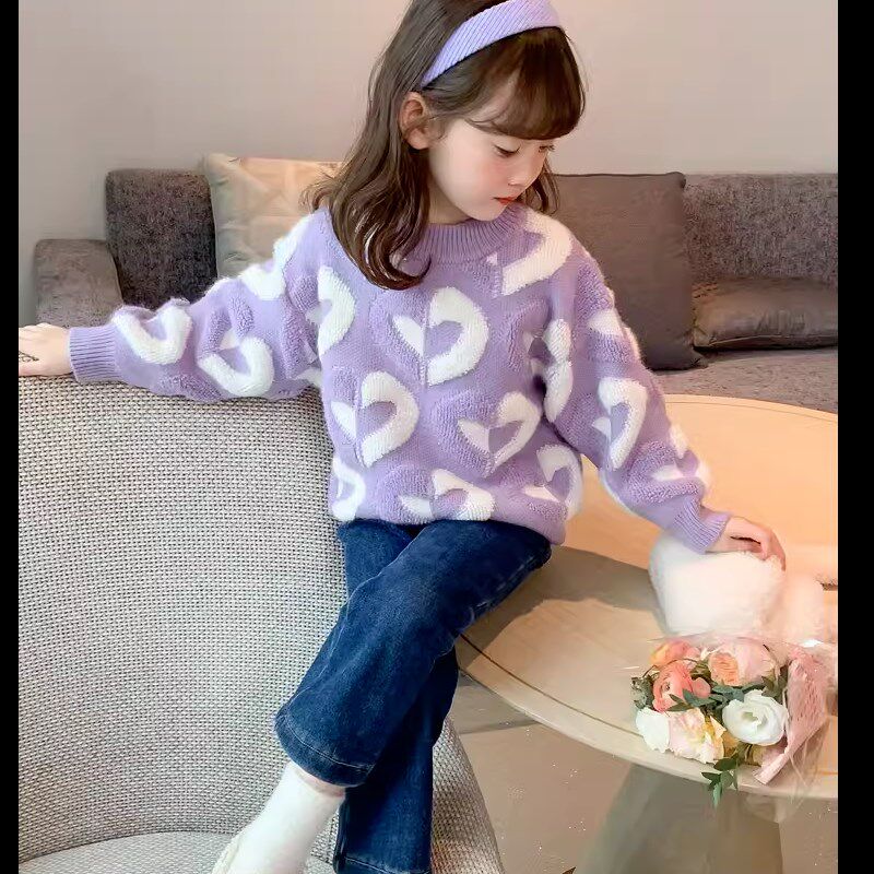 女童韩版针织毛衣2024秋冬新款洋气女孩冬季加绒加厚爱心针织上衣