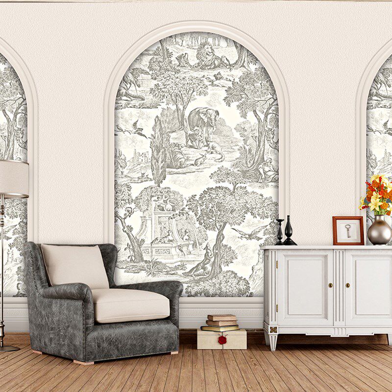 法式复古轻奢石h膏线玄关墙纸卧室床头背景酒店植物森林奶油风壁