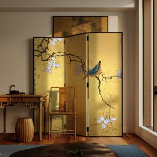 东方美学新古典屏风折叠移动客厅玄关入户茶室卧室床头折屏云雀画