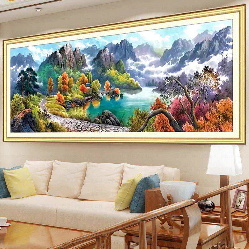 流水赚钱聚宝盆十字绣成品纯手工一山边新客厅大型中国山水画