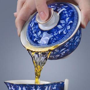 功夫茶碗套装 德化白瓷手工陶瓷盖碗茶杯大号泡茶青花三才碗 家用