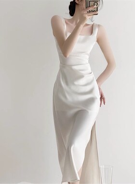白色连衣裙女高级感夏法式长版订婚聚会轻奢小礼服气质缎面吊带裙
