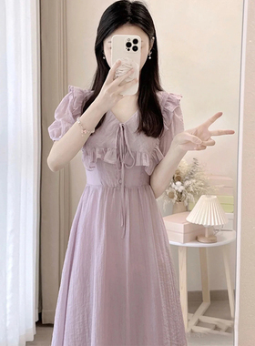 紫色连衣裙女夏季新款小个子高级感荷叶边法式V领收腰显瘦仙女裙