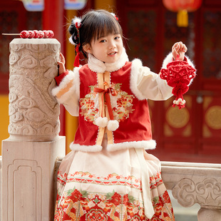 汉服秋冬女童儿童拜年服国风龙年马面裙套装宝宝过年喜庆衣服唐装