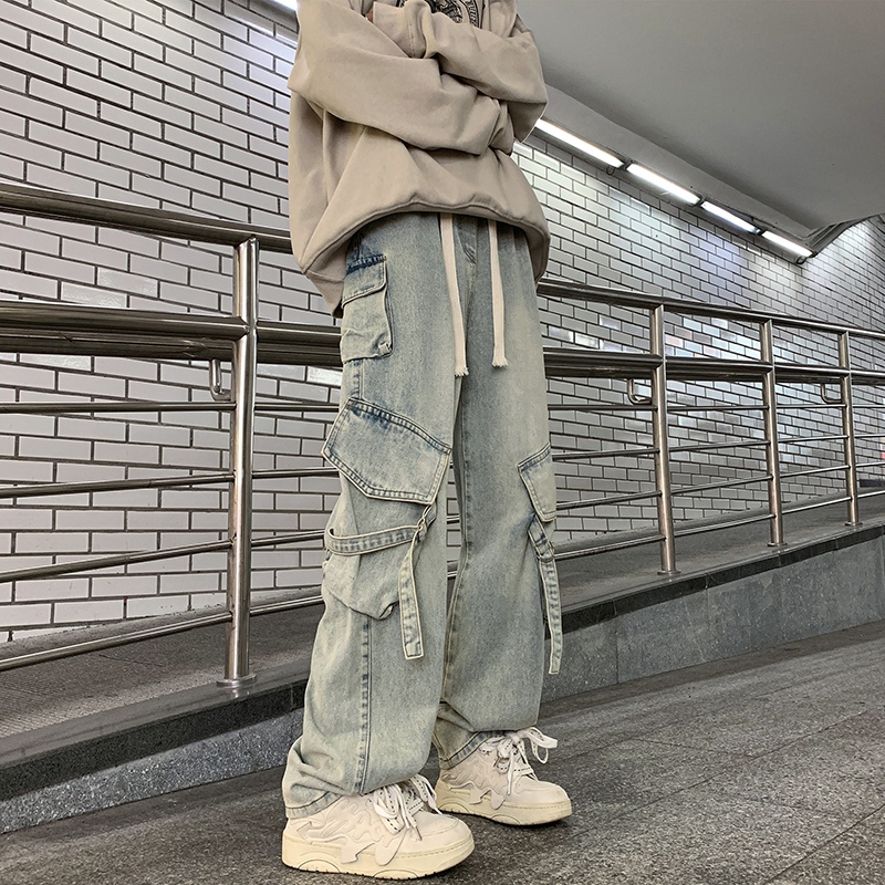 秋冬牛仔裤男生宽松直筒美式复古高街多口袋潮牌松紧阔腿工装长裤