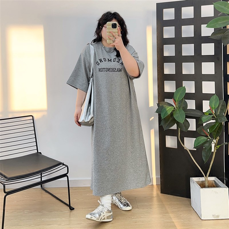 胖MM休闲连衣裙女夏季新款女装大码印花半袖T恤裙宽松遮肉卫衣裙