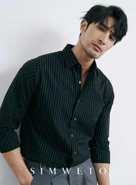 秋季轻熟型男 气质高级感宝蓝色条纹衬衫纯棉意式抗菌扣领衬衫男