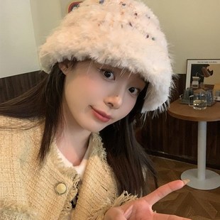 手工钩织毛线帽子女2o024新款冬毛茸茸保暖显脸小针织帽筒子渔夫