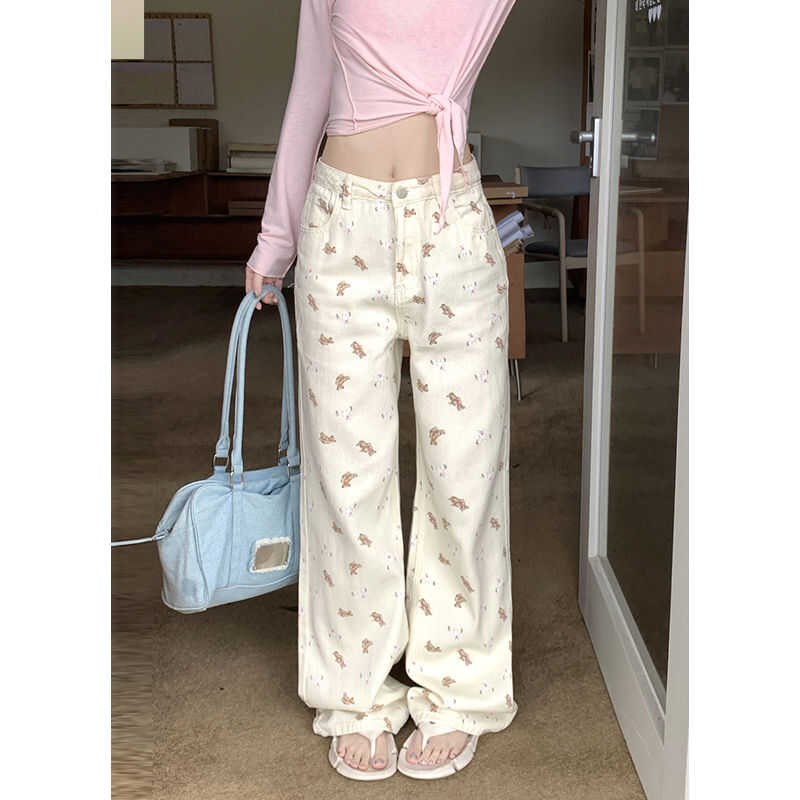 春秋新款2-300斤高腰卡通牛仔裤胖mm大码女装梨形身材宽松阔腿裤