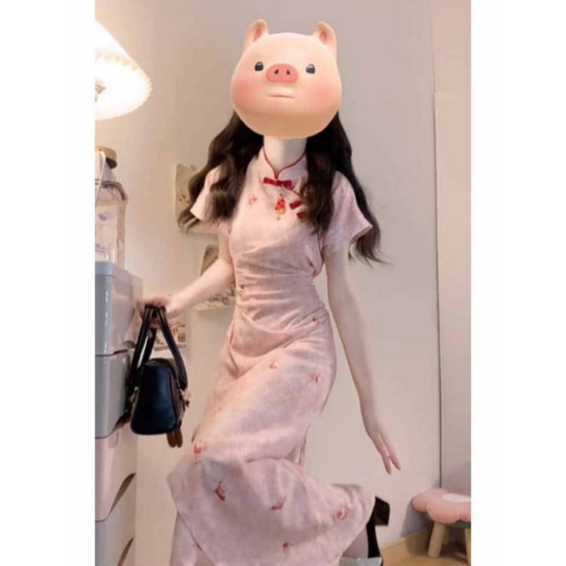 新中式国风甜美改良旗袍连衣裙女夏季温柔风收腰显瘦修身包臀长裙