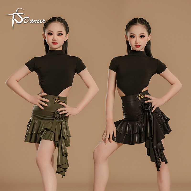 拉丁舞服女童舞蹈训练功表演连体上衣短袖高光裙儿童黑色上课套装