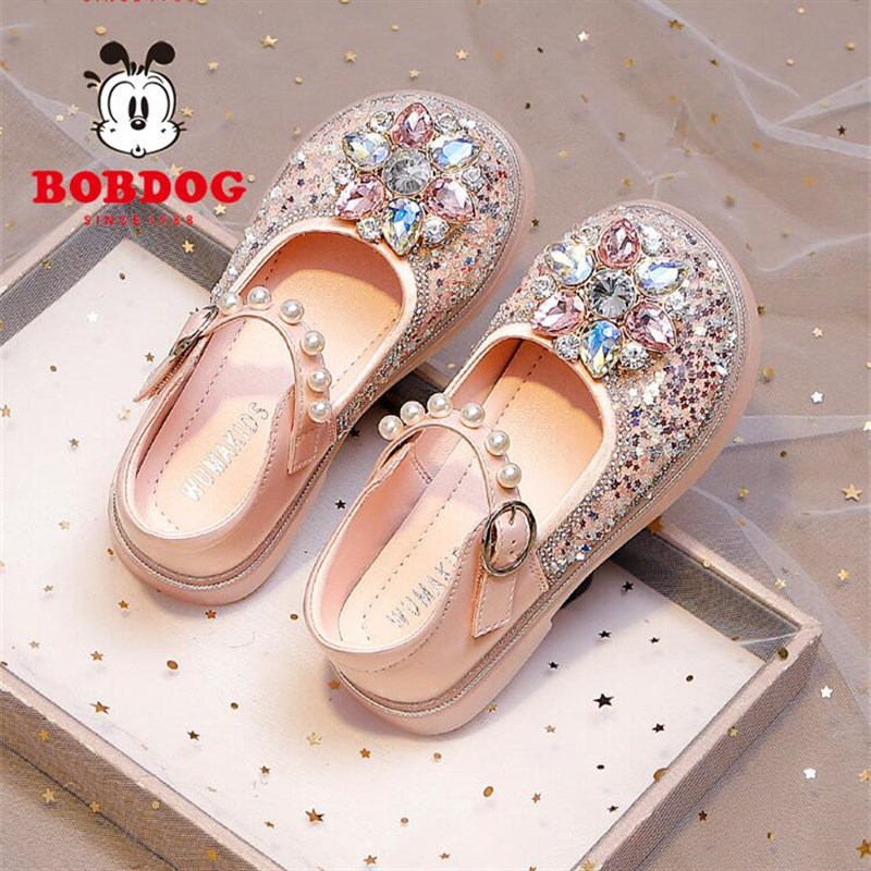 女童公主鞋2025新款春秋软底真皮水晶鞋儿童小皮鞋配水钻礼服单鞋