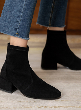 2021新款粗跟中跟短靴女春秋单C靴方头黑色弹力靴袜靴瘦瘦靴马丁