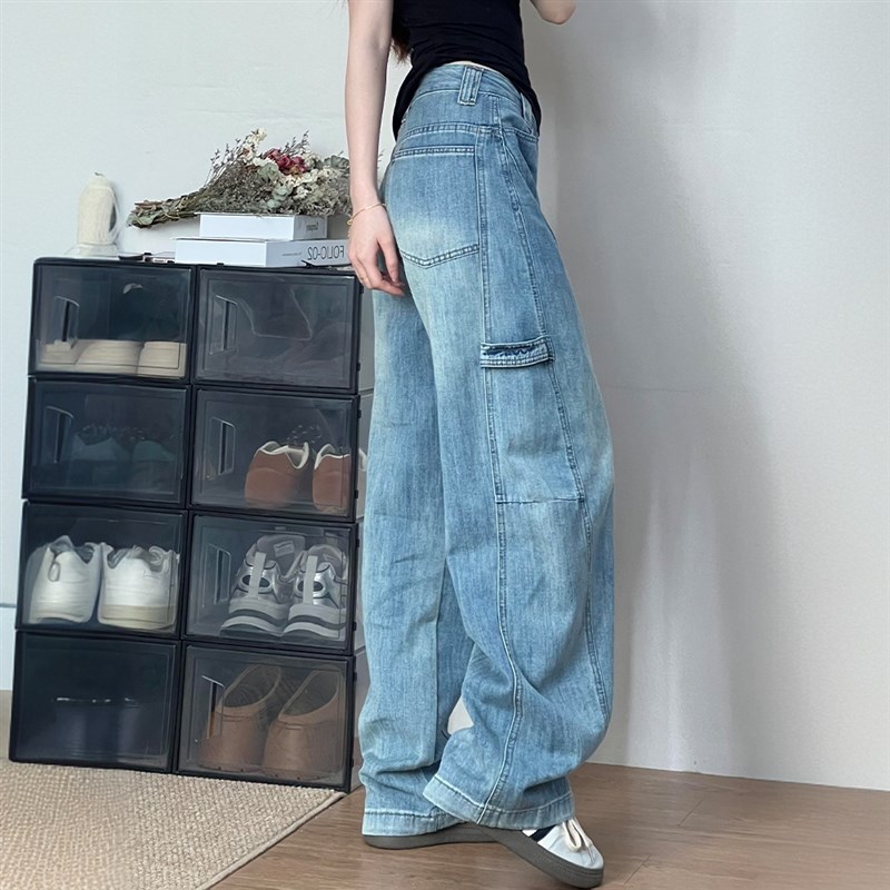 胖mm大码女装美式工装牛仔裤女2025新款复古宽松显瘦阔腿弯刀裤子