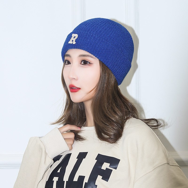 高档羊绒线韩版日系R字母百搭毛线帽冬季糖果多色青年针织冷帽女