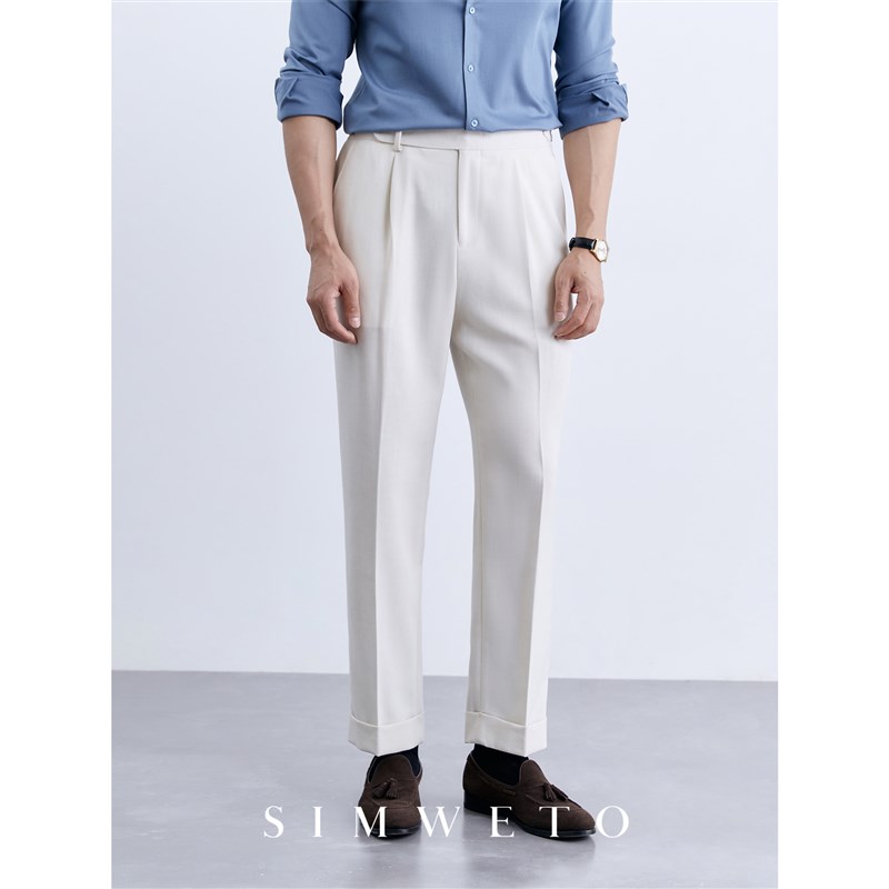 意式那不勒斯白色西裤棉麻透气男士卷边直筒休闲裤商务修身西装裤