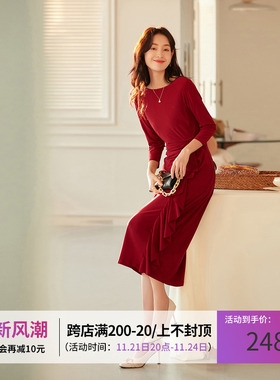 红色针织洋装女2363秋冬高级感法式复古气质显瘦赫本风长版长裙