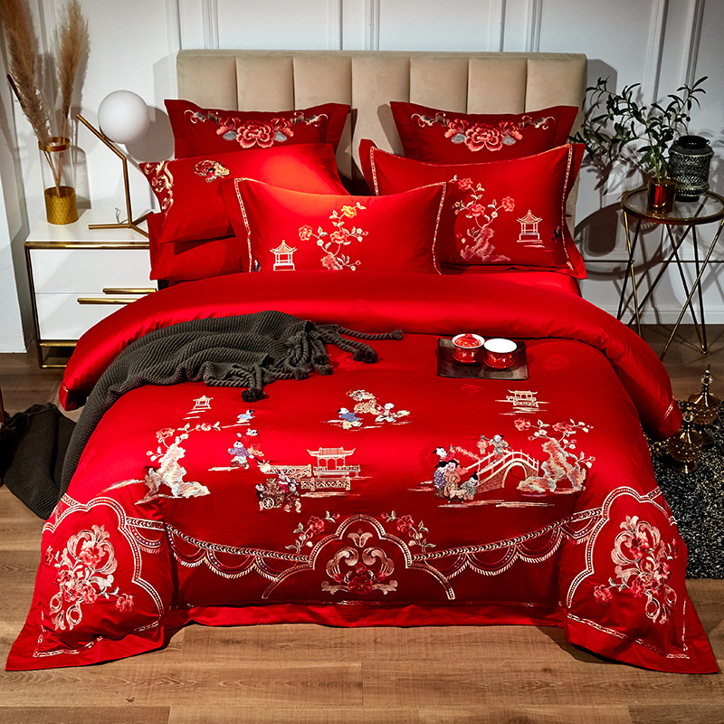 结婚加厚纯棉绣花四件套新v婚床单全棉斜纹大红色婚庆五 六件套件