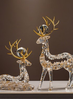 水晶招财鹿摆件一对轻奢高档客厅玄关电视柜酒柜装饰乔迁新居礼品