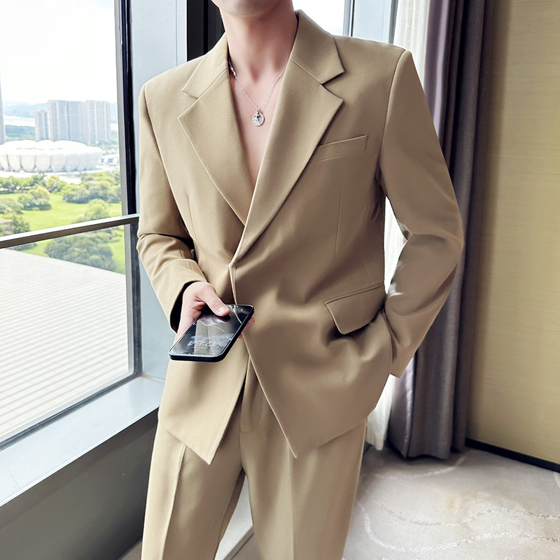 高级感秋季坠感休闲西服套装男宽松韩版帅气潮男西装两件套男外套