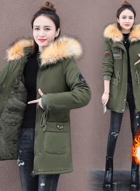 2024冬季f加绒棉服女中长款迷彩工装棉袄军绿色加厚女大衣棉衣外