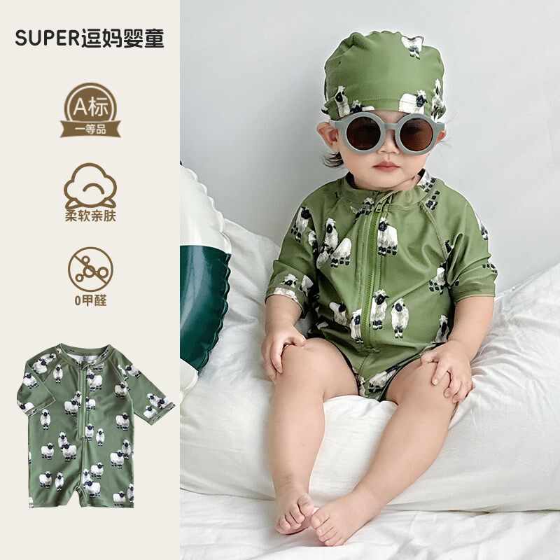 男宝宝连体泳衣长袖婴幼儿外出夏天防晒速干平角裤海边沙滩风泳装