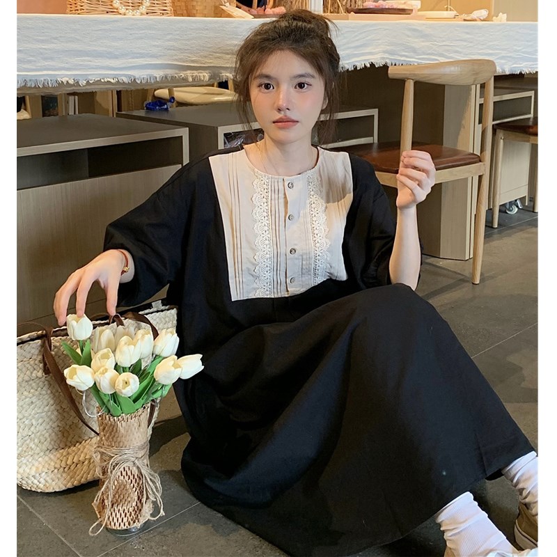 大码女装2025夏新款胖mm复古森系宽松显瘦花边拼接减龄连衣裙长裙