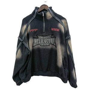 美式复古潮牌大版卫衣加绒水洗刺绣字母情侣装宽松慵懒风痞子男女