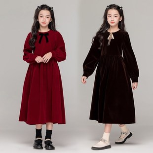 女童红色连衣裙加绒加厚大童冬装高端中长款新年喜庆学院风长裙子