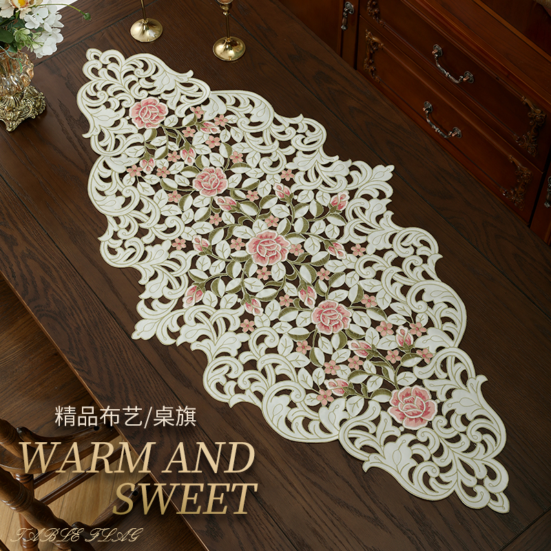 桌旗桌布桌垫布艺刺绣北欧轻奢美式中式餐桌茶几盖巾椭圆桃红玫