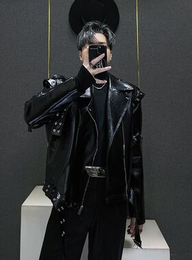 小众高级机车外套男秋季不规律解构设计西装领短款黑色皮衣夹克男