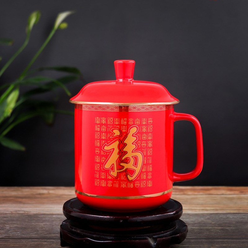 中国红瓷陶瓷茶杯带盖家用大容量骨瓷杯将军百福个人办公礼品茶具
