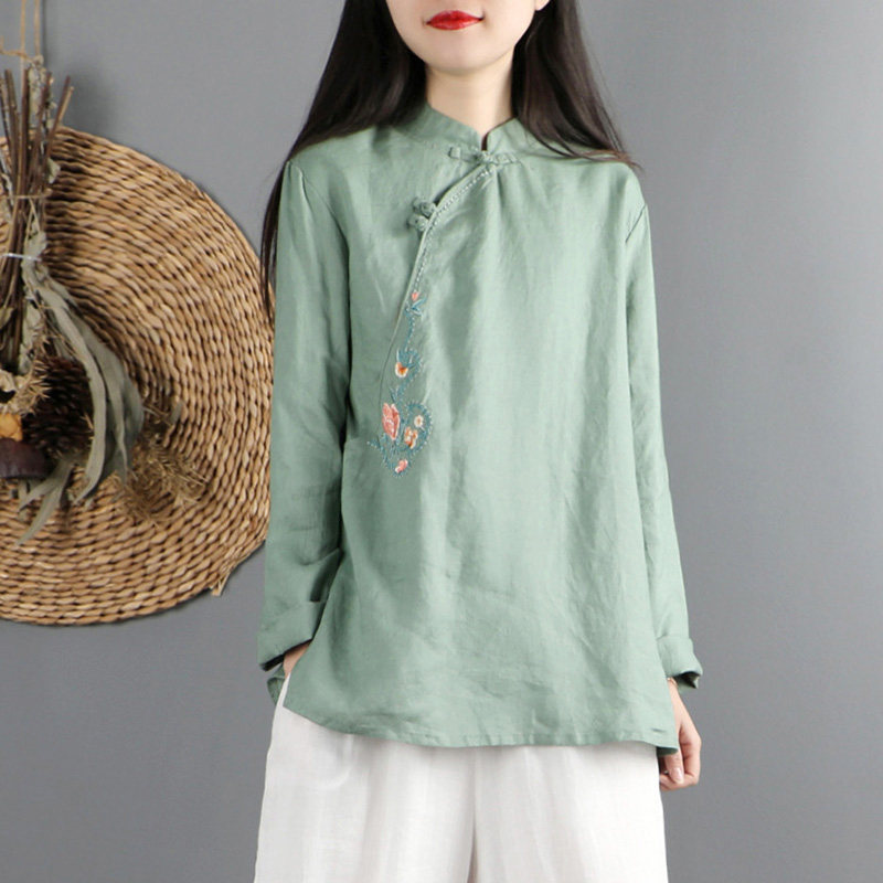 棉麻绣花太极服女上衣 亚麻斜襟太极拳练功服U武术晨练服外套