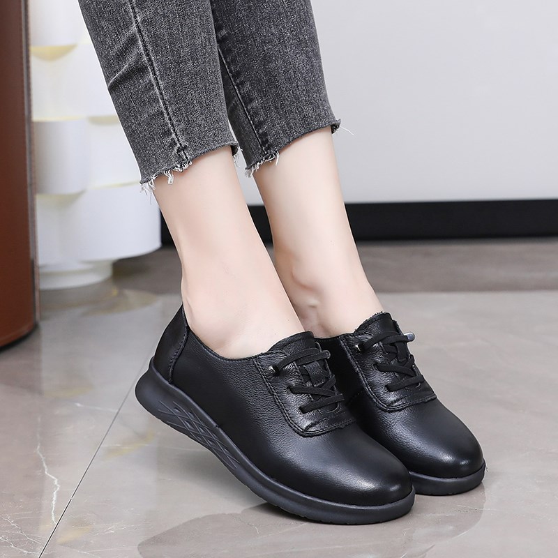 真皮牛筋底舒适女鞋中老年妈妈鞋软底防滑春秋款平底单鞋中年皮鞋