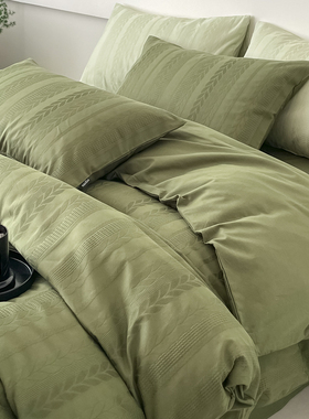 60支纯棉水洗棉床上四件套绿色高级感全棉被套罩S床单床笠款三件