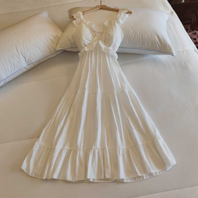 带胸垫睡裙女夏季纯棉吊带中长款连衣裙薄款甜美纯欲风睡衣家居服