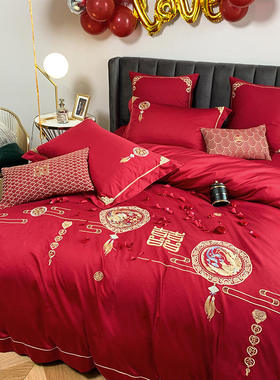 新品结婚 60支婚庆四q件组 新婚大红色刺绣全棉纯棉被套床单婚礼